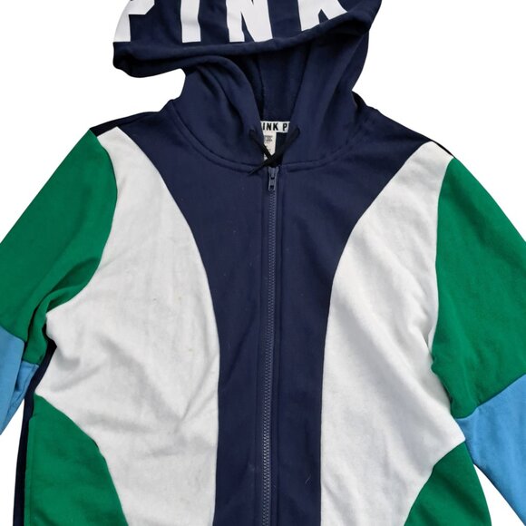 Pink Victoria's Secret Blue Green White ColorBlock Zip Hoodie Top Large - Picture 3 of 10